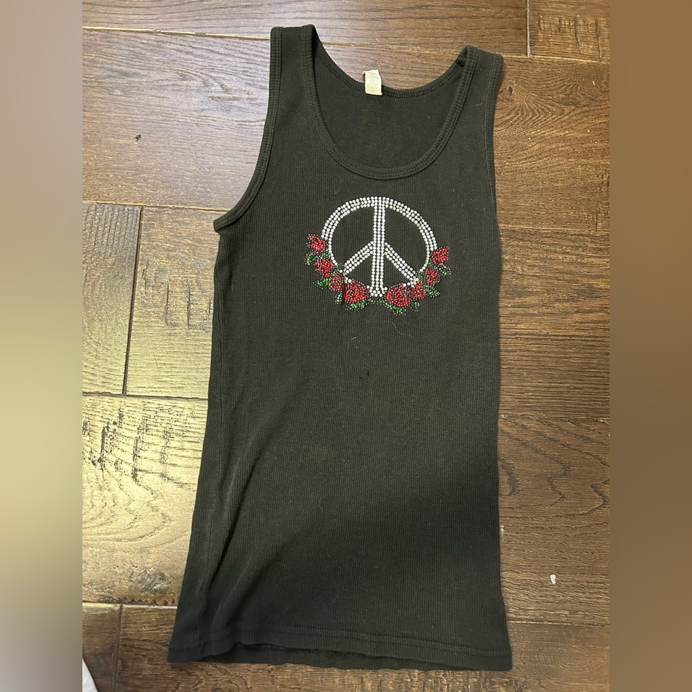 VINTAGE RETRO BLACK PEACE SIGN TANK WITH BEADED ROSES